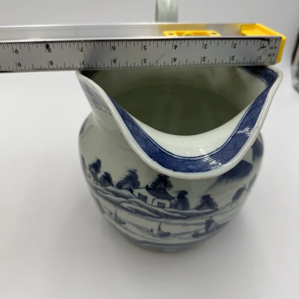 Antique Chinese Blue & White Canton Export Porcelain Large Pitcher 9”H x12” L